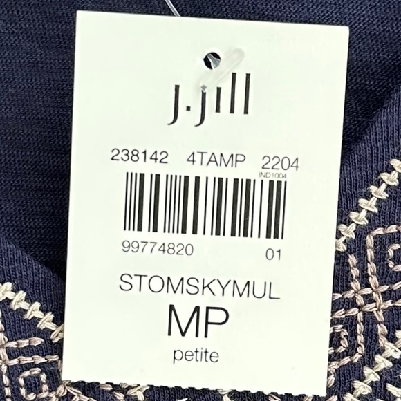 J. Jill Embroidered Knit Tunic Top Navy Blue 3/4 Sleeve MP NWT Boho Coastal Soft - Picture 6 of 12